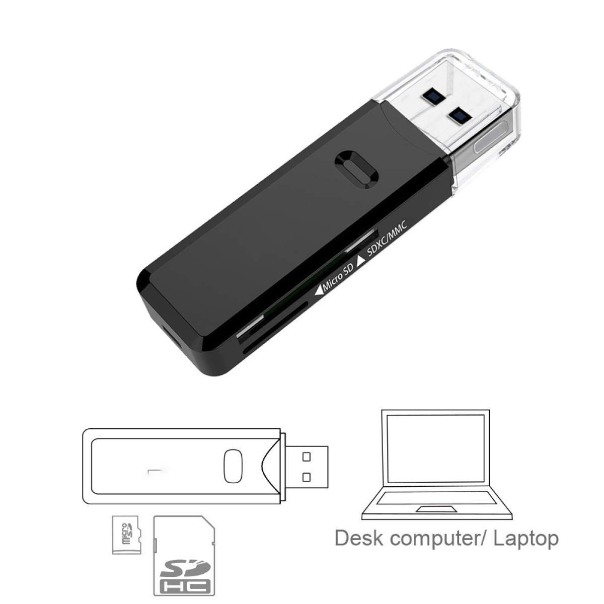 Ein schwarzer USB-Kartenleser mit einem Micro-SD- und SD/MMC-Steckplatz. Eine Laptop- und Kartenillustration ist unten.