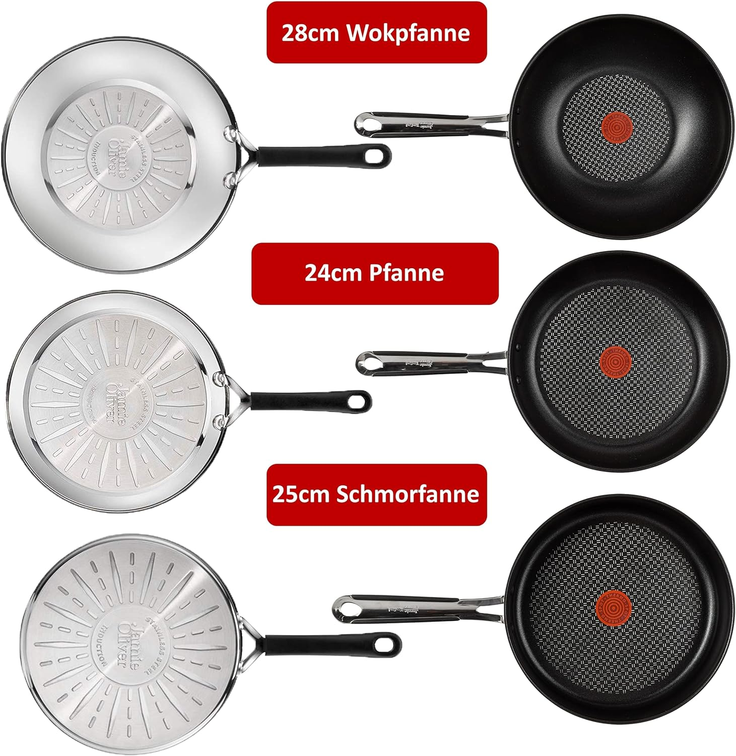Drei Bratpfannen. Oben eine Wokpfanne, in der Mitte eine Pfanne und unten eine Schmorpfanne.