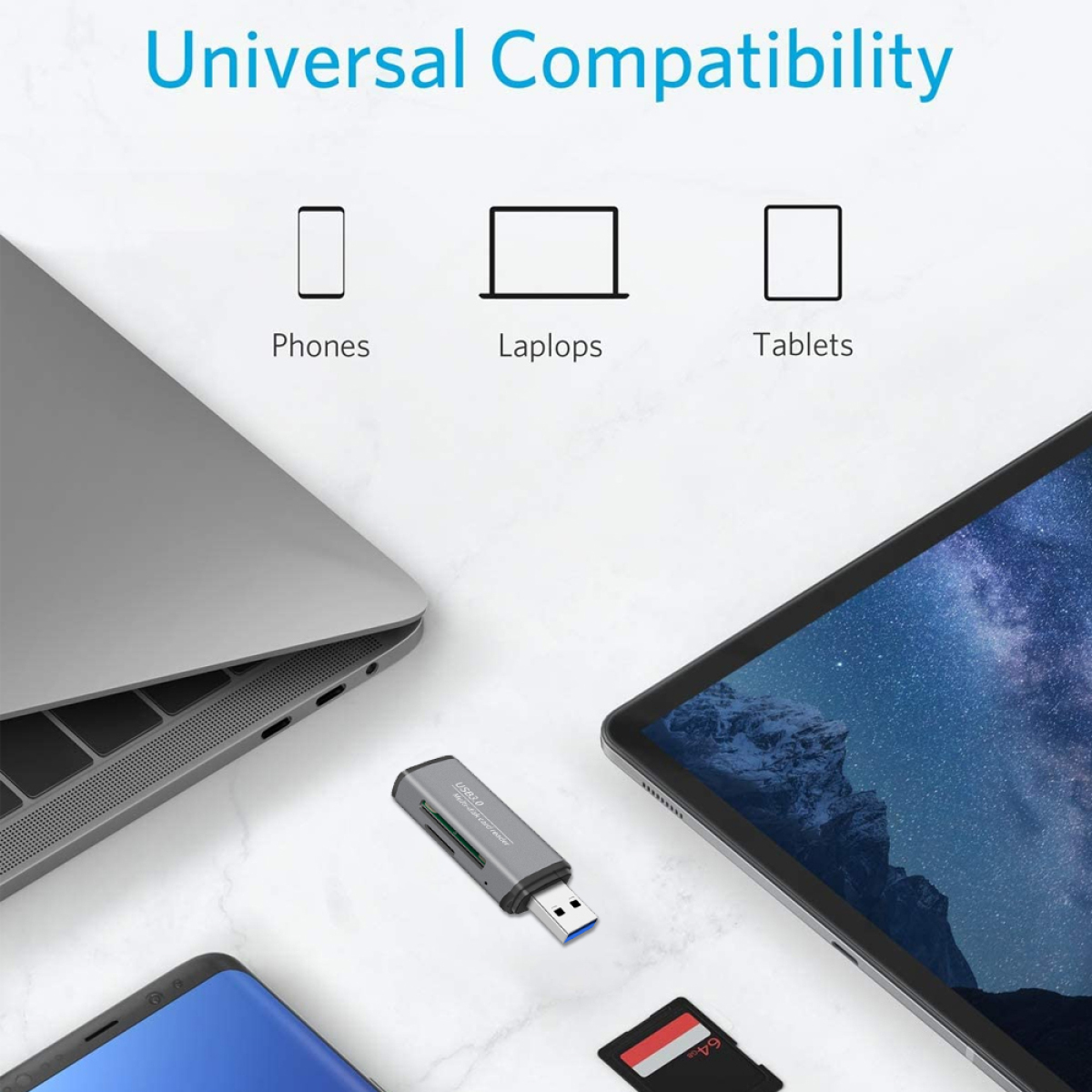 USB-C-Adapter und Kartenleser. Gezeigt mit Laptop, Tablet und Telefon. Universelle Kompatibilität.
