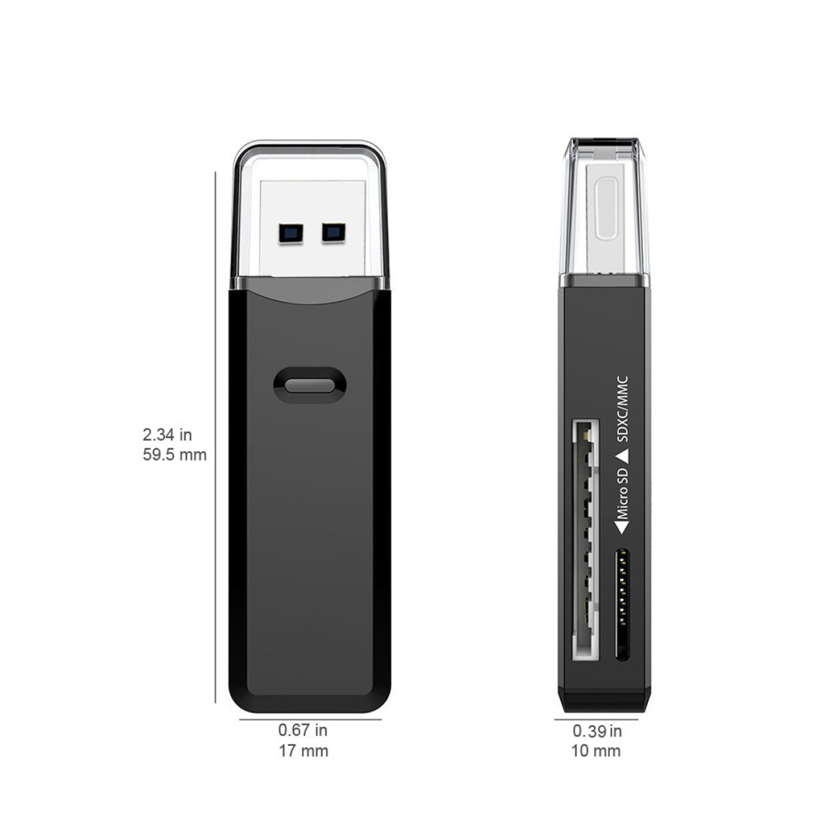 Schwarzer USB-Kartenleser mit Abmessungen und Micro-SD-Etiketten.