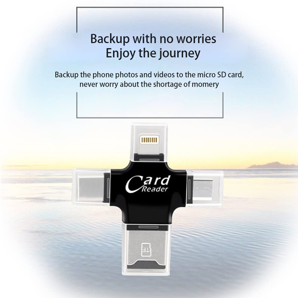Weißer und schwarzer Kartenleser mit Lightning-, USB-C- und Micro-USB-Anschlüssen.