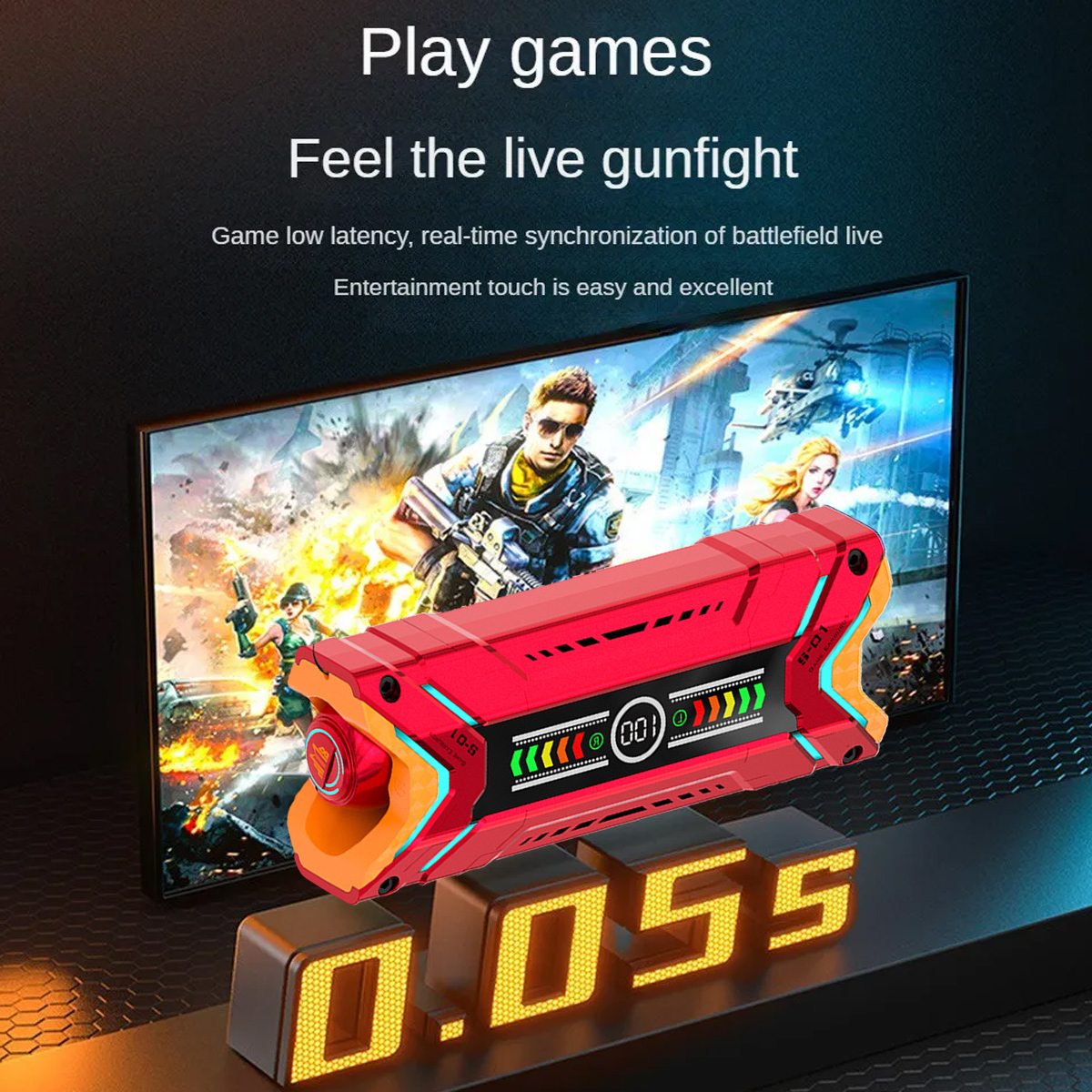 Rote und orangefarbene Spielzeugpistole mit Bildschirm, der ein Spiel zeigt und die Zahl 0,055.
