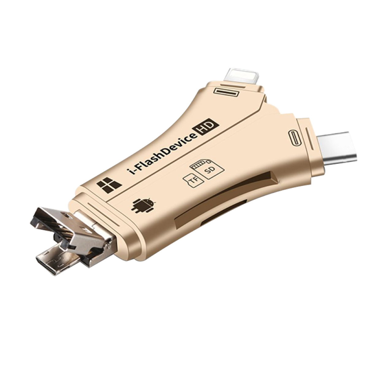 Ein goldfarbenes i-FlashDevice HD mit verschiedenen Anschlüssen für verschiedene Geräte.