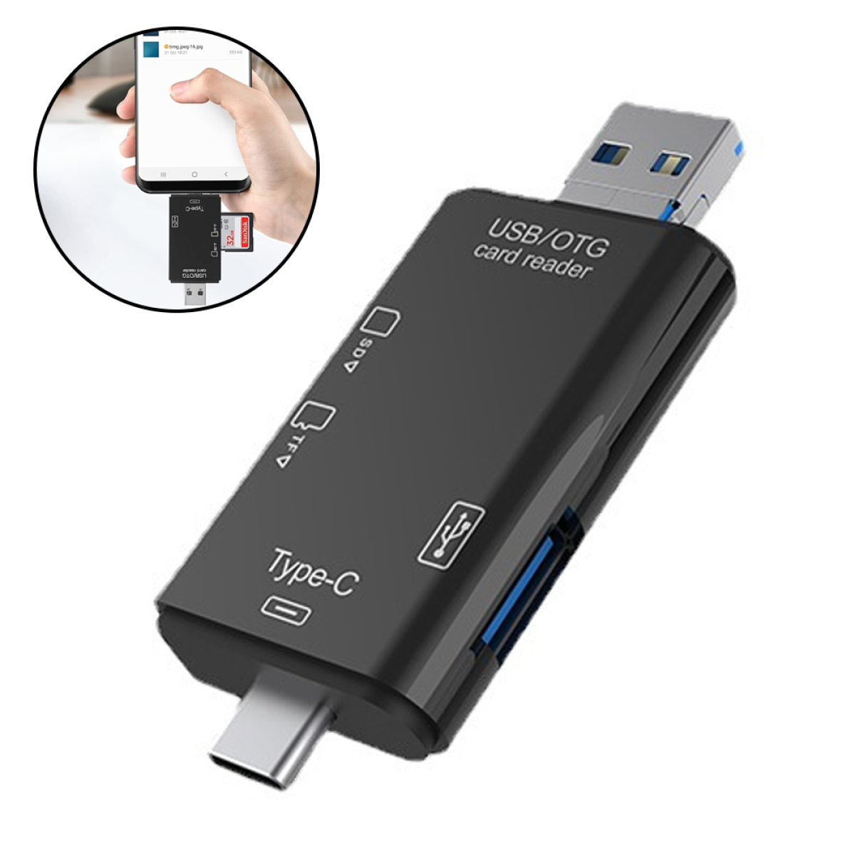 Schwarzer USB/OTG-Kartenleser mit Steckplätzen für SD- und TF-Karten. Smartphone zeigt Datei.
