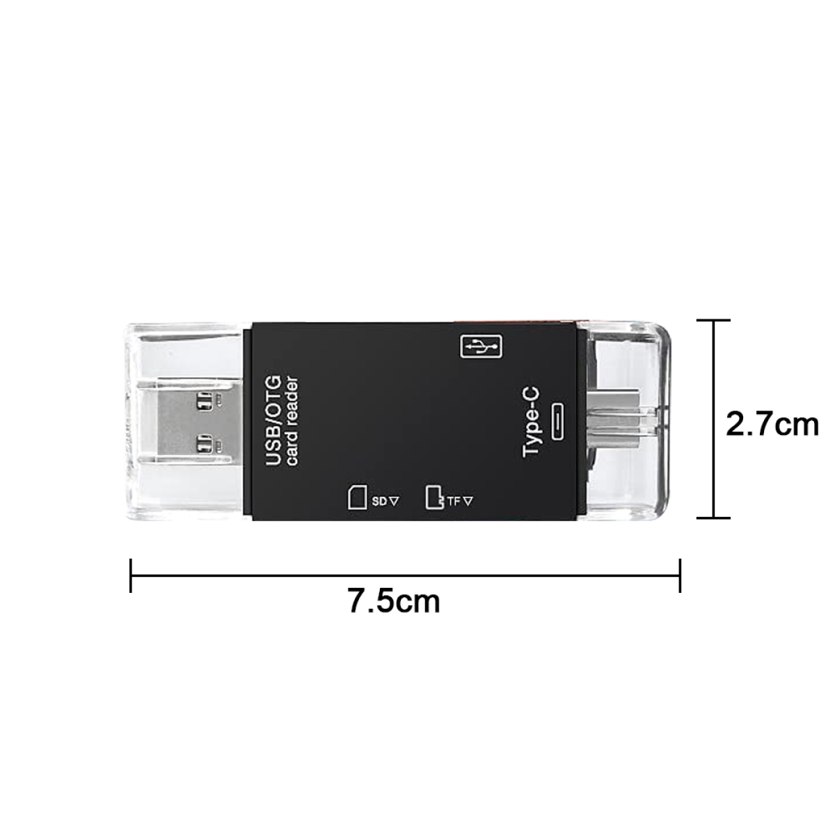 Schwarzer USB/OTG-Kartenleser mit SD- und TF-Kartensteckplätzen und Typ-C-Anschluss. Abmessungen sichtbar.