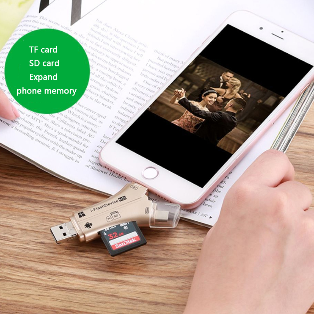 Ein Telefon, das ein Foto, eine TF-Karte und einen USB-Kartenleser anzeigt.