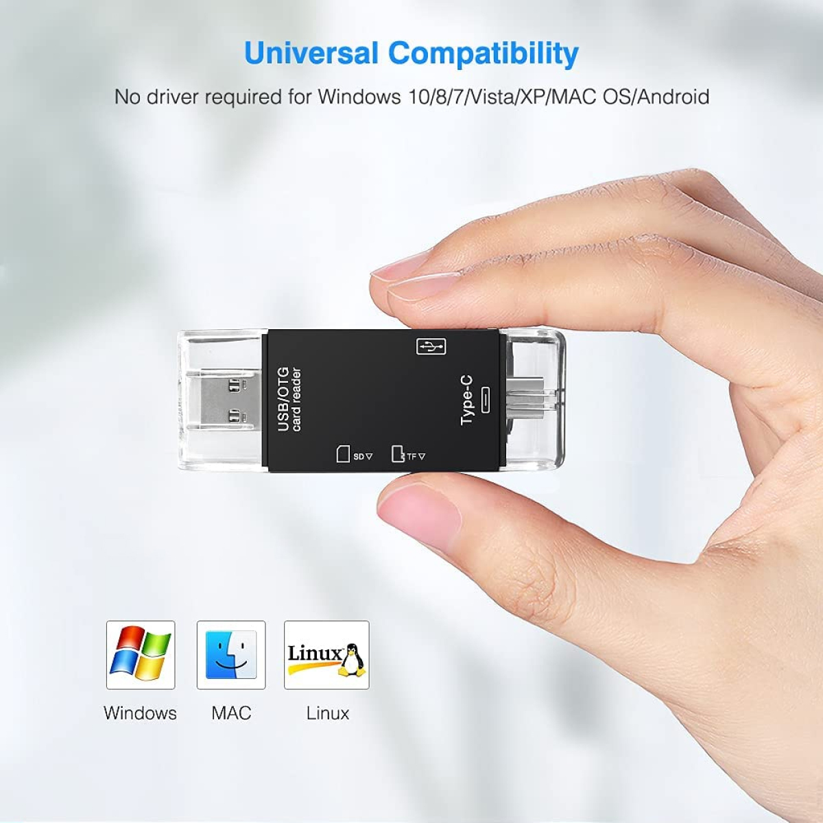 Ein USB/OTG-Kartenleser mit Windows-, MAC- und Linux-Symbolen. Das Gerät ist schwarz und transparent.