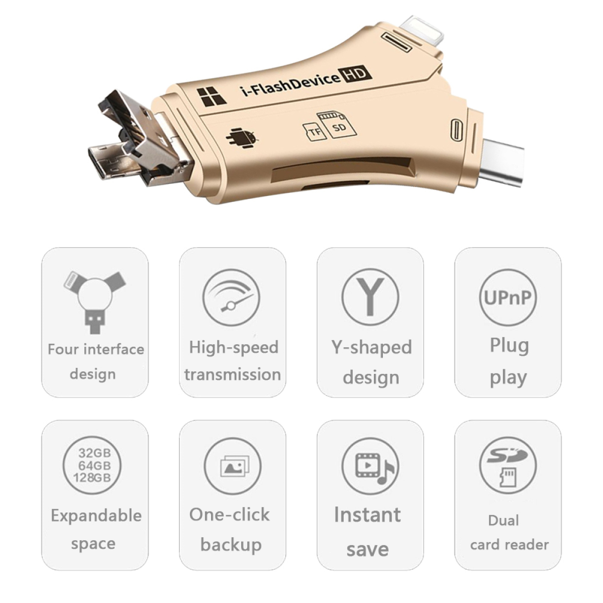 Goldener Multiport-Adapter mit Logos und Symbolen.