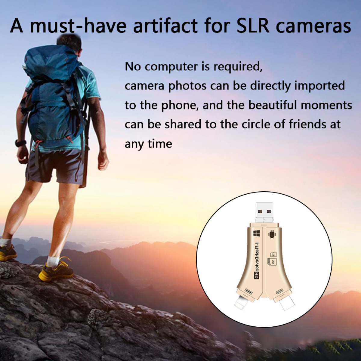 Ein Mann mit Rucksack geht neben einem goldfarbenen USB-Adapter.