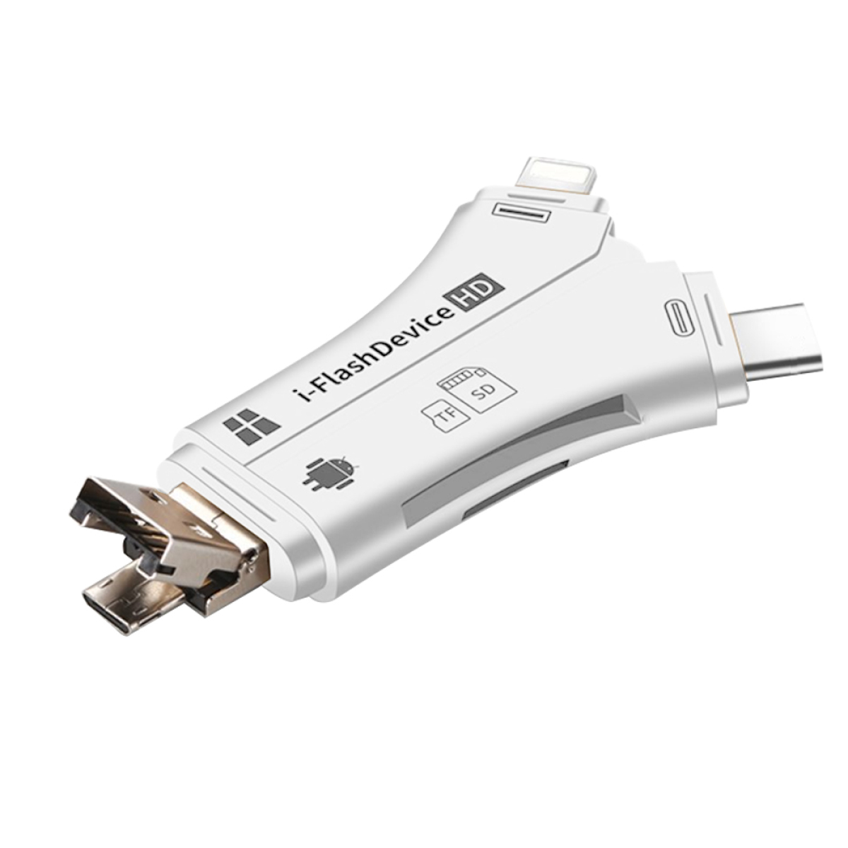 Weißer i-FlashDevice HD Adapter mit verschiedenen Anschlüssen.
