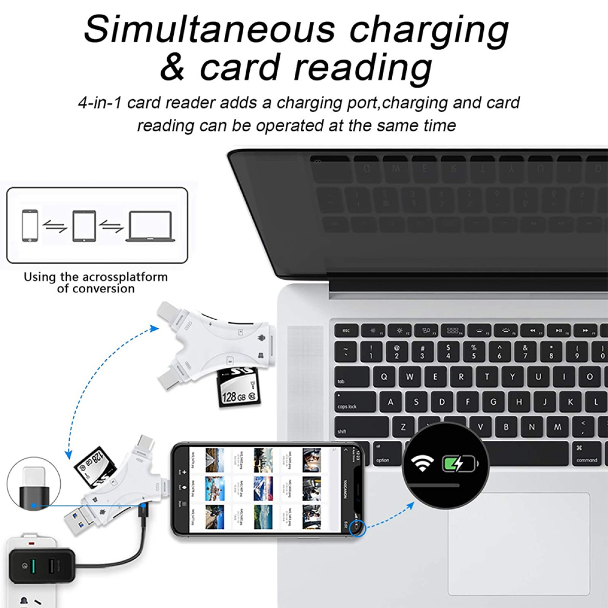 Ein Laptop ist mit einem Kartenleser und einem Telefon verbunden, mit Ladeinformationen.
