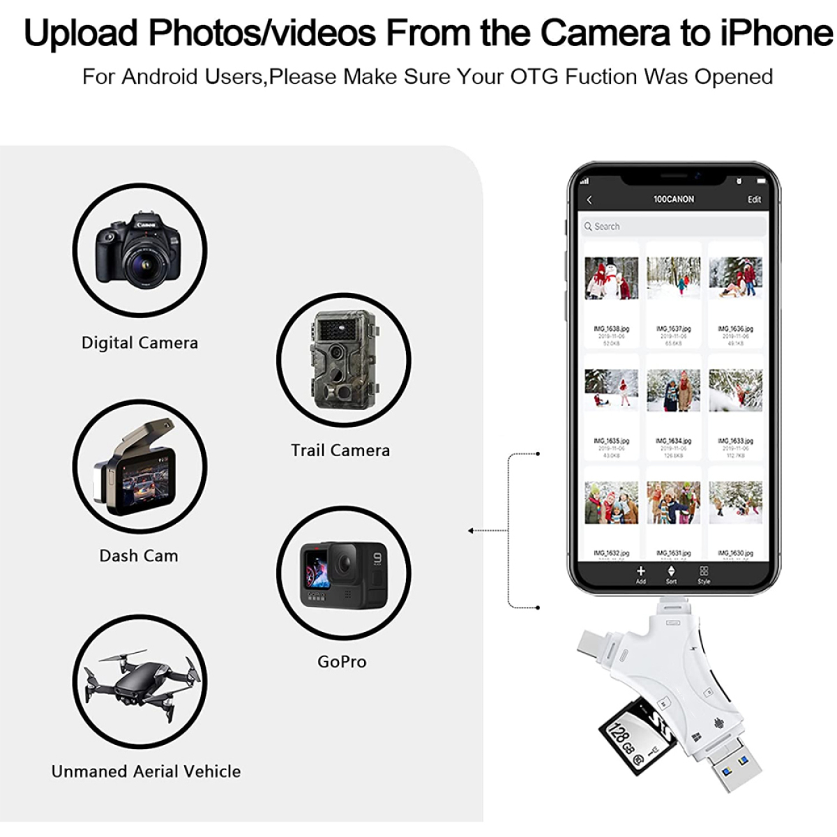 Bild, das zeigt, wie man Fotos/Videos von Kameras auf das iPhone hochlädt. Enthält Digital-, Trail-, Dash-, GoPro- und Drohne.