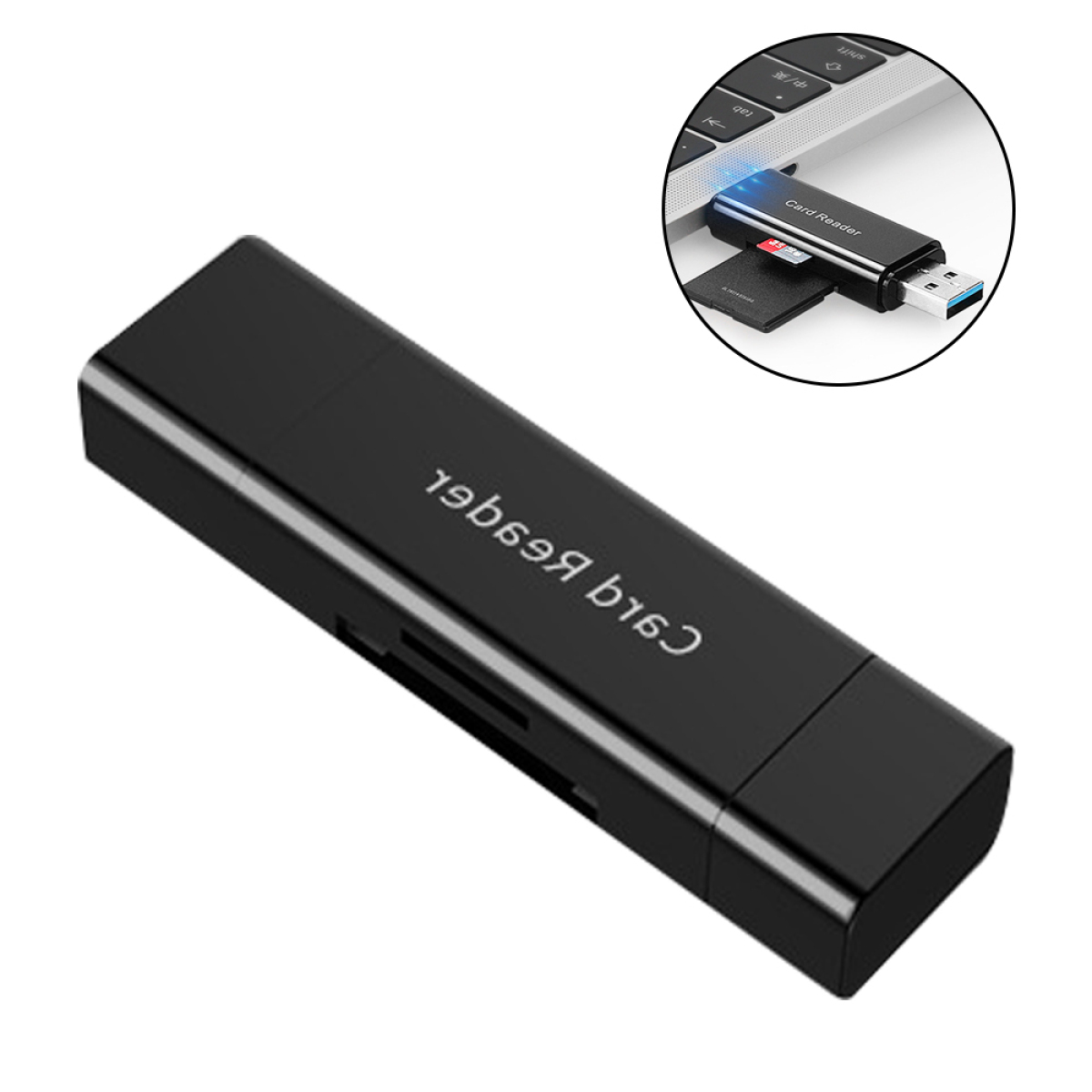 Schwarzer Kartenleser mit 'Card Reader'-Text auf der Vorderseite, eingesteckt in einen Laptop.