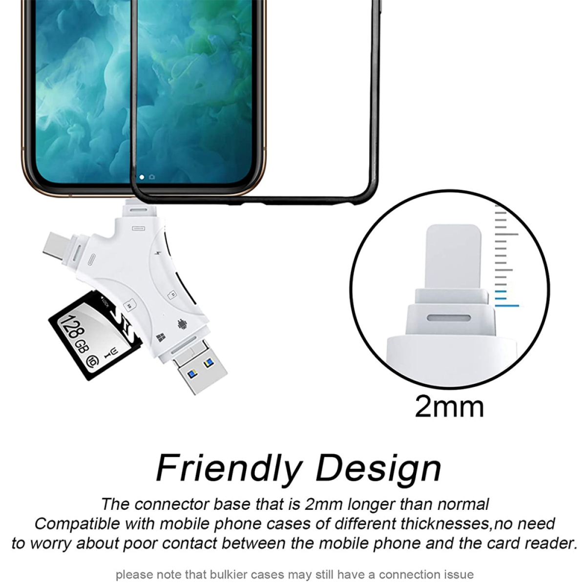 Weißer Kartenleser und ein Telefon. Das Telefon befindet sich in einer schwarzen Hülle. Text: Friendly Design.