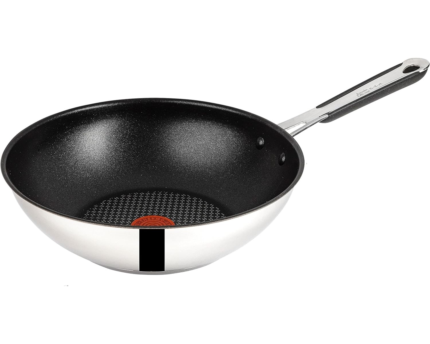 Edelstahl-Wok-Pfanne mit schwarzem Innenraum, abgewinkeltem Griff und schwarz-silbernem Boden.
