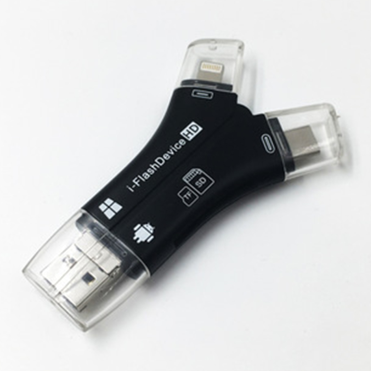 Schwarzer USB-Stick mit mehreren Anschlüssen für verschiedene Geräte, auf weißer Oberfläche.