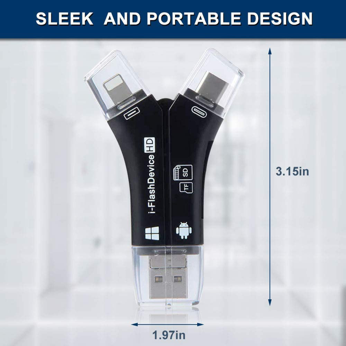 Schwarzer und klarer USB-Flash-Laufwerk mit mehreren Anschlüssen und Abmessungen auf weißem Hintergrund.