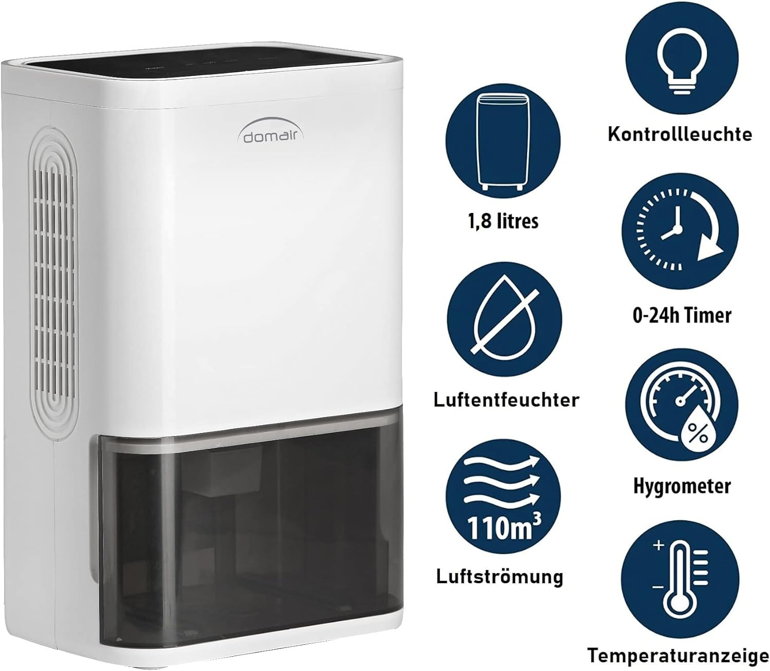 Weißer Luftentfeuchter mit Symbolen für Funktionen, einschließlich 1,8 l, 0-24h Timer, Luftstrom.
