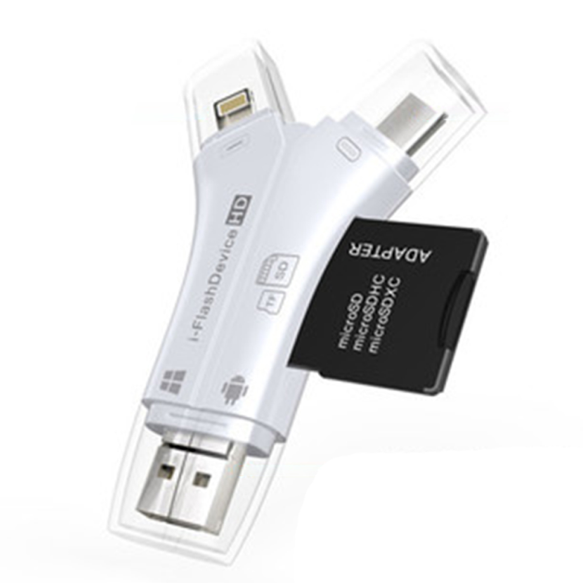 Ein weißer Multi-Kartenleser mit Anschlüssen für Lightning, USB-C und USB-A.