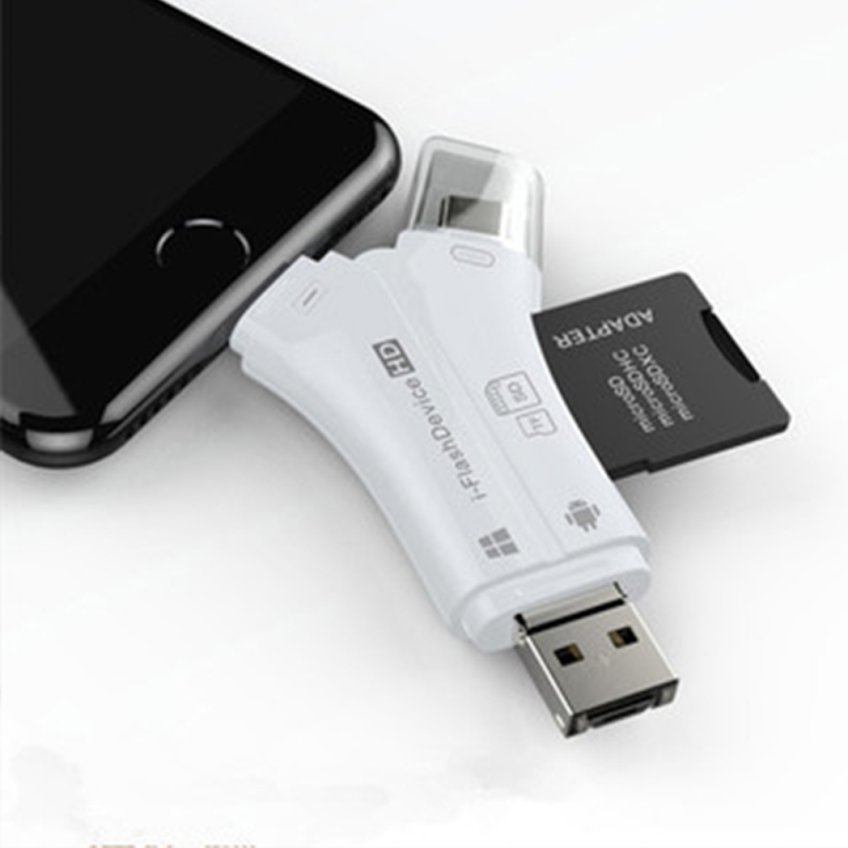 Weißer Adapter mit USB- und SD-Kartensteckplätzen, verbunden mit einem schwarzen Telefon. Eine schwarze SD-Karte ist eingesetzt.