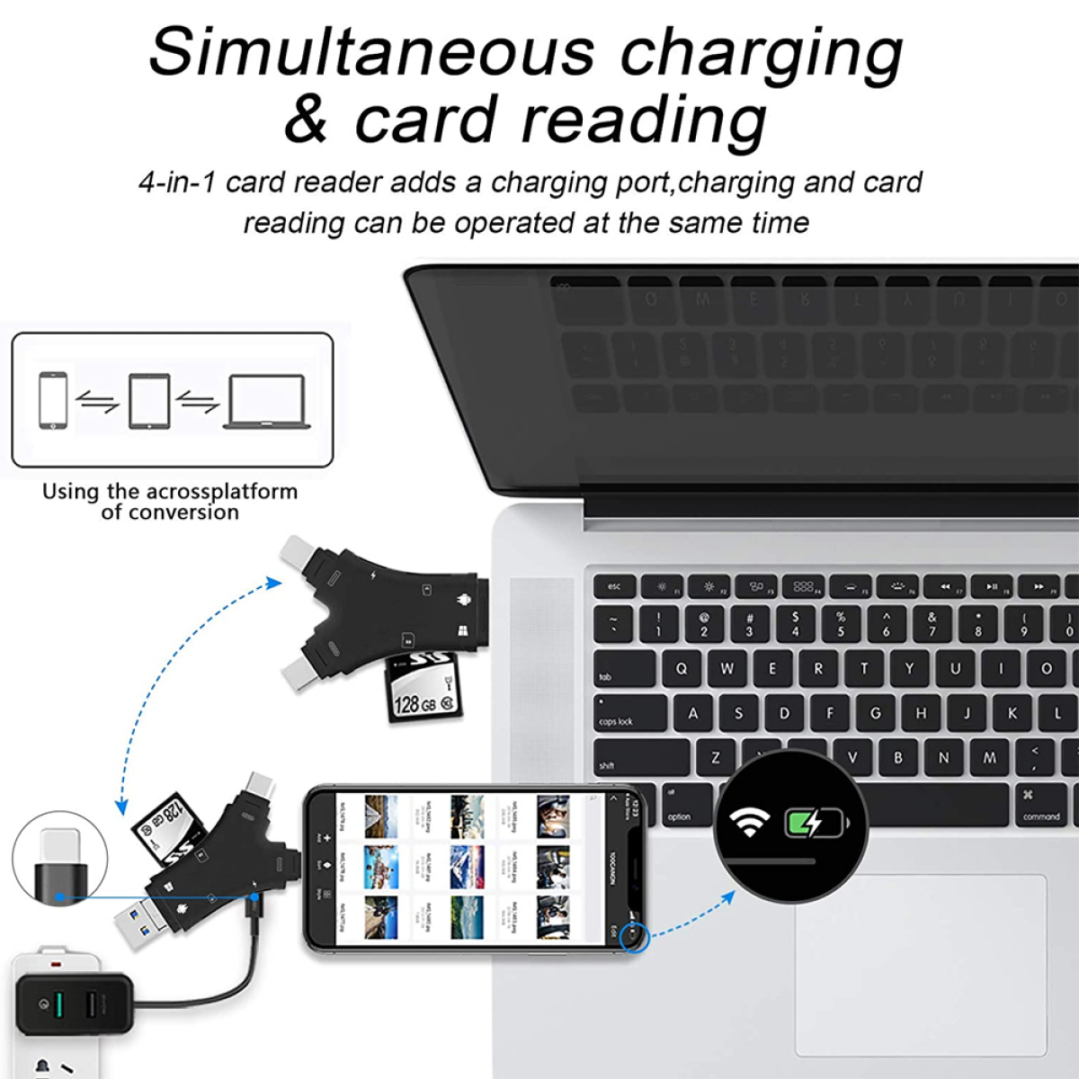 Laptop mit Kartenleser angeschlossen, lädt ein Telefon. Text sagt '4-in-1 Kartenleser'.
