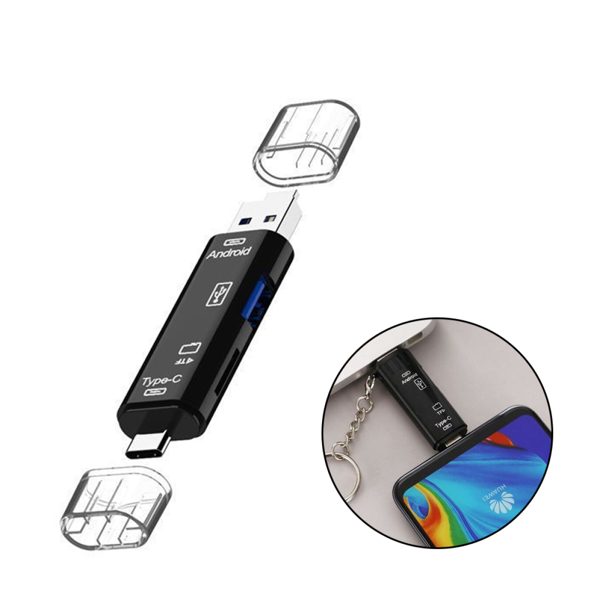 Schwarzer USB-Stick mit Android- und Type-C-Aufschrift, zwei Kappen und ein angeschlossenes Telefon, auf weißem Hintergrund.