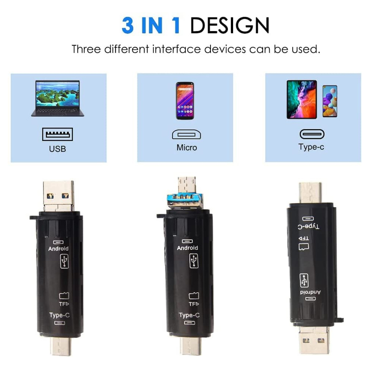 3-in-1-Adapter mit USB-, Micro- und Typ-C-Anschlüssen. Der Adapter ist schwarz.
