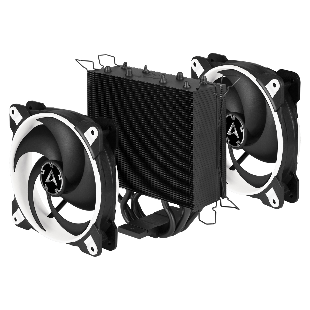 Ventole per computer in bianco e nero e un dissipatore di calore su sfondo bianco.