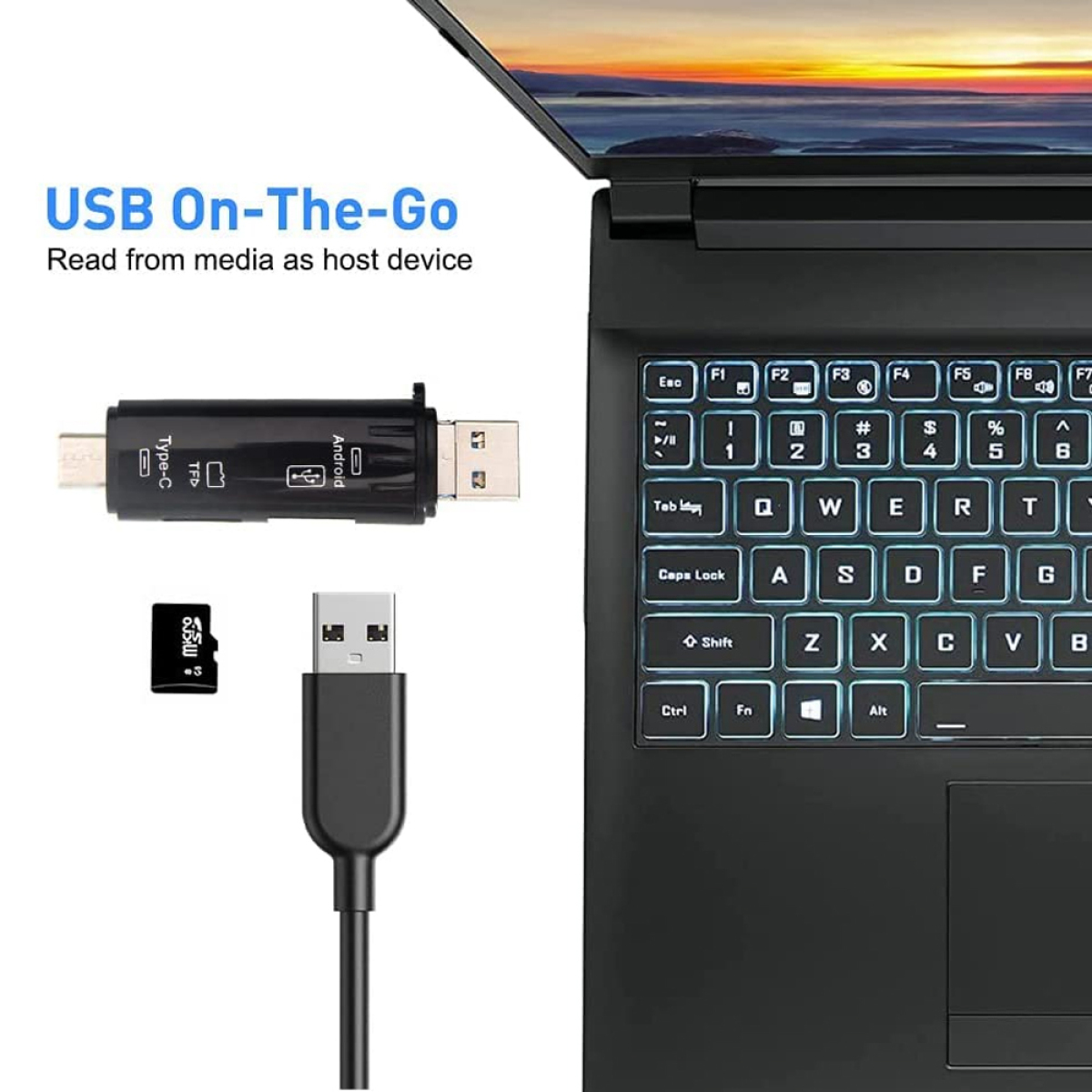 Eine Laptop-Tastatur mit USB-C-Adapter und einer microSD-Karte.