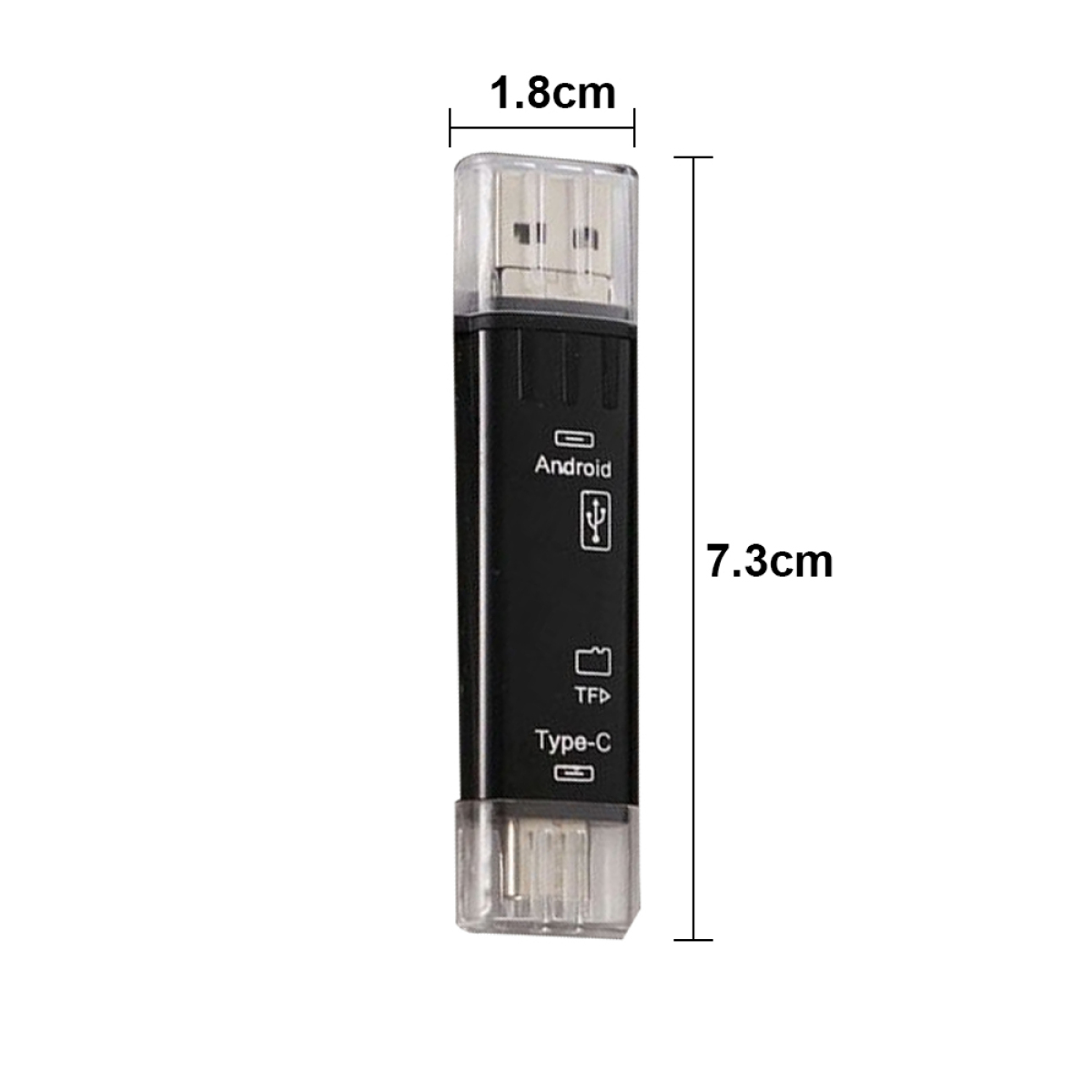Schwarzer USB-C-Kartenleser. Er zeigt Android-, USB-, TF- und Typ-C-Symbole. Misst 7,3 cm.
