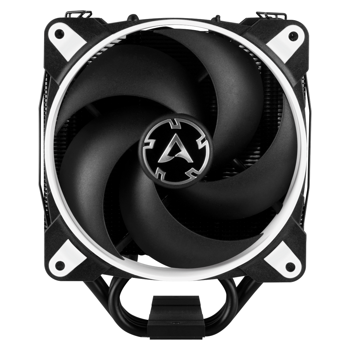 Vista dall'alto di un dissipatore CPU Arctic nero con quattro pale.