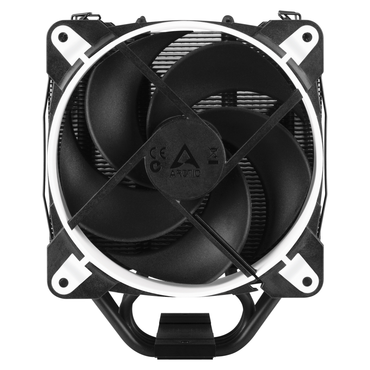 Ventola per dissipatore CPU nera con cornice bianca e logo nero.