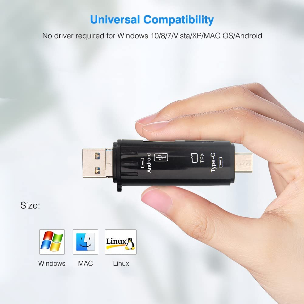 Ein USB-Adapter in einer Hand. Es hat USB-A-, Android-, TF- und Typ-C-Anschlüsse. Der Hintergrund ist weiß.