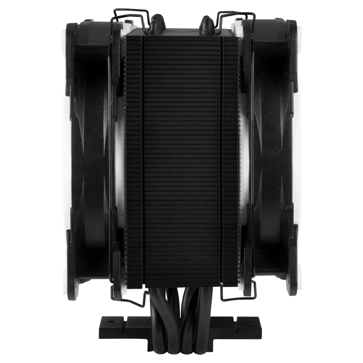 Un dissipatore CPU nero con due ventole. Le ventole sono nere e bianche.