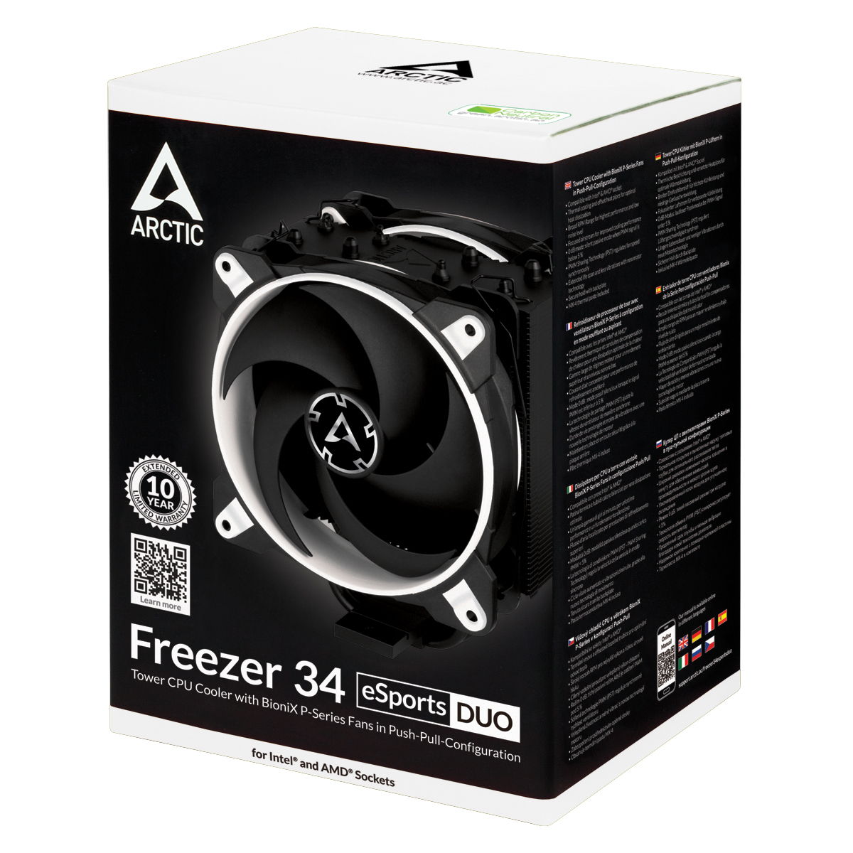 Scatola in bianco e nero che mostra un dissipatore CPU con ventola nera, Arctic Freezer 34.