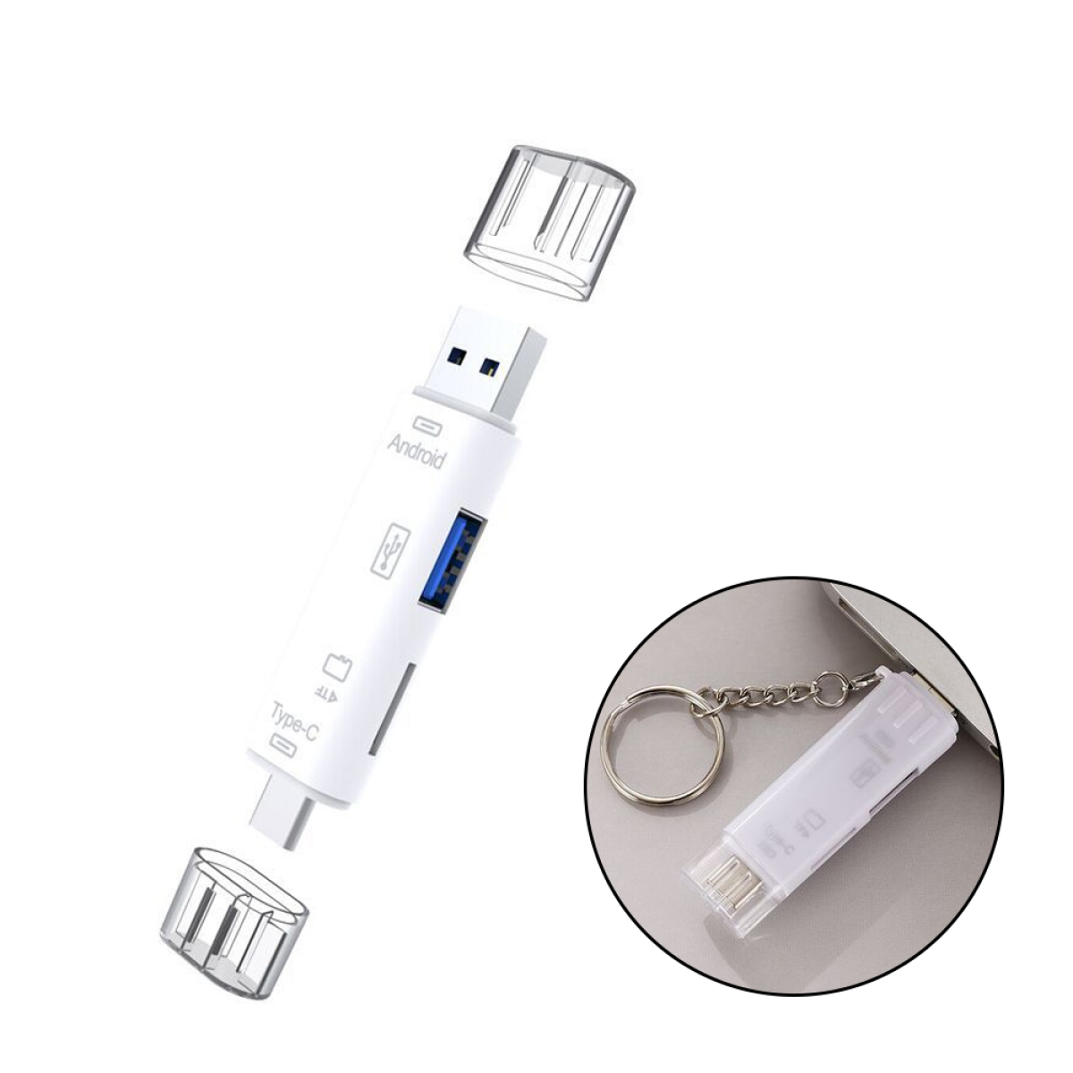 Ein weißer USB-Adapter mit Typ-C- und USB-A-Anschlüssen. Der Adapter besteht aus zwei Teilen, mit einem Schlüsselring.