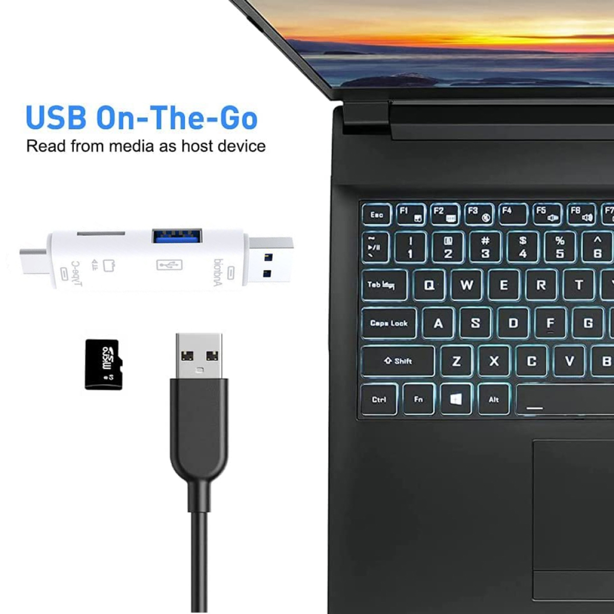 Eine Laptop-Tastatur mit einem USB-Kartenleser, einem USB-Kabel und einer SD-Karte. Das Setup ist für USB On-The-Go.