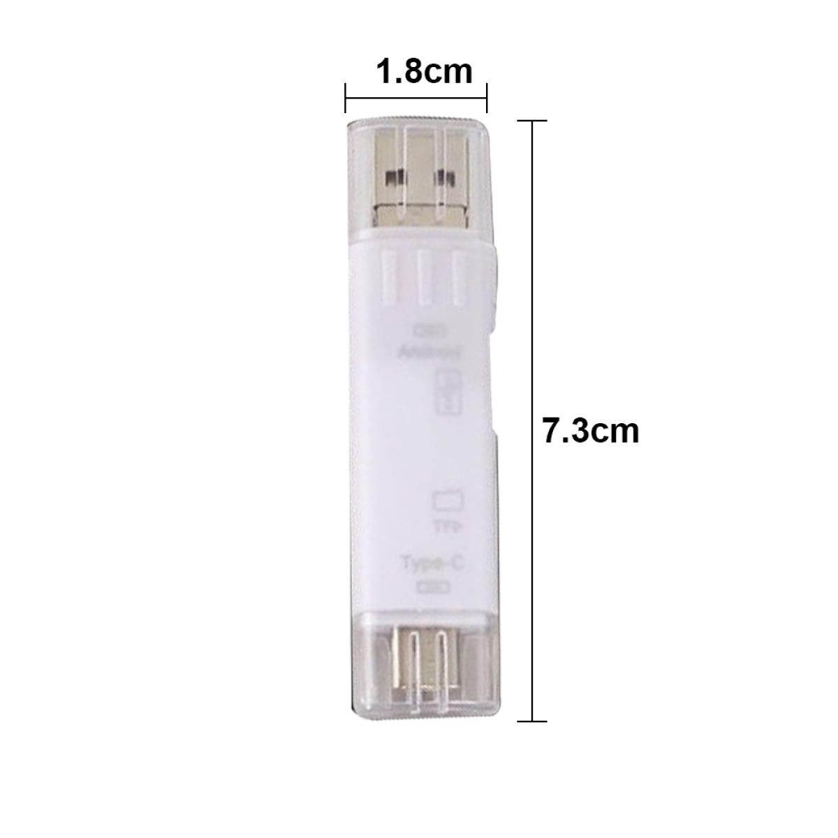 Weißer Kartenleser mit Maßen: 1,8 cm Breite, 7,3 cm Länge. Hat USB- und Typ-C-Anschlüsse.