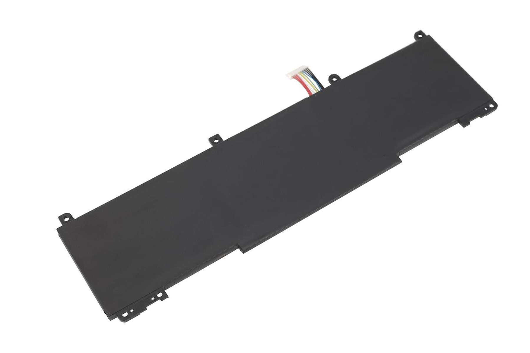 Batteria rettangolare nera per laptop con un cavo a nastro multicolore collegato a un'estremità.
