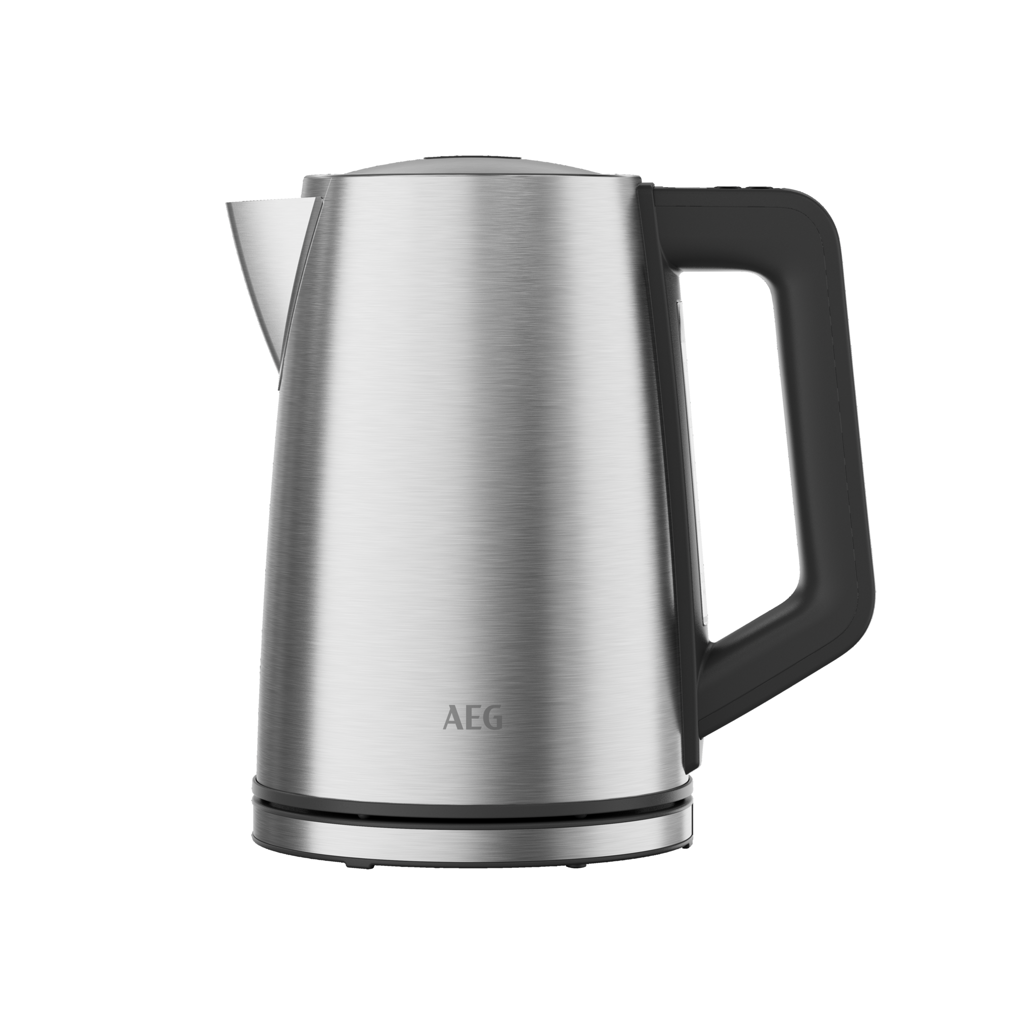 Ein silberner Wasserkocher mit schwarzem Griff auf schwarzem Hintergrund.