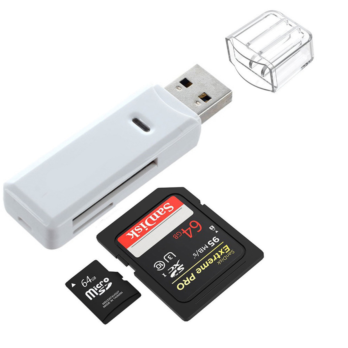 Weißer Kartenleser mit SD-Karte, Micro-SD-Karte und einer durchsichtigen Kunststoffkappe.