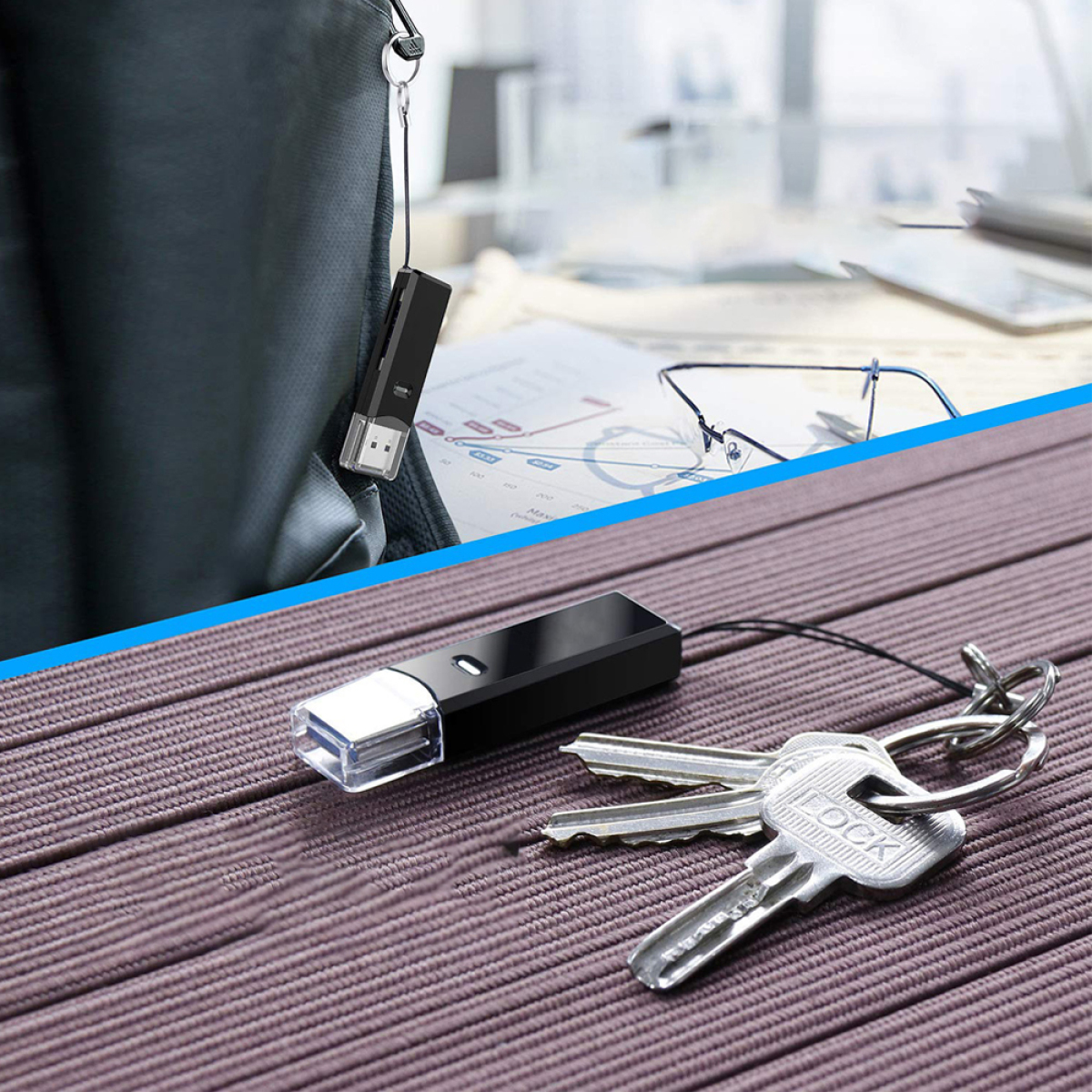 Zweiteiliges Bild: Ein schwarzer USB-Stick hängt an einem Rucksack und ein USB-Stick mit Schlüsseln auf Holz.