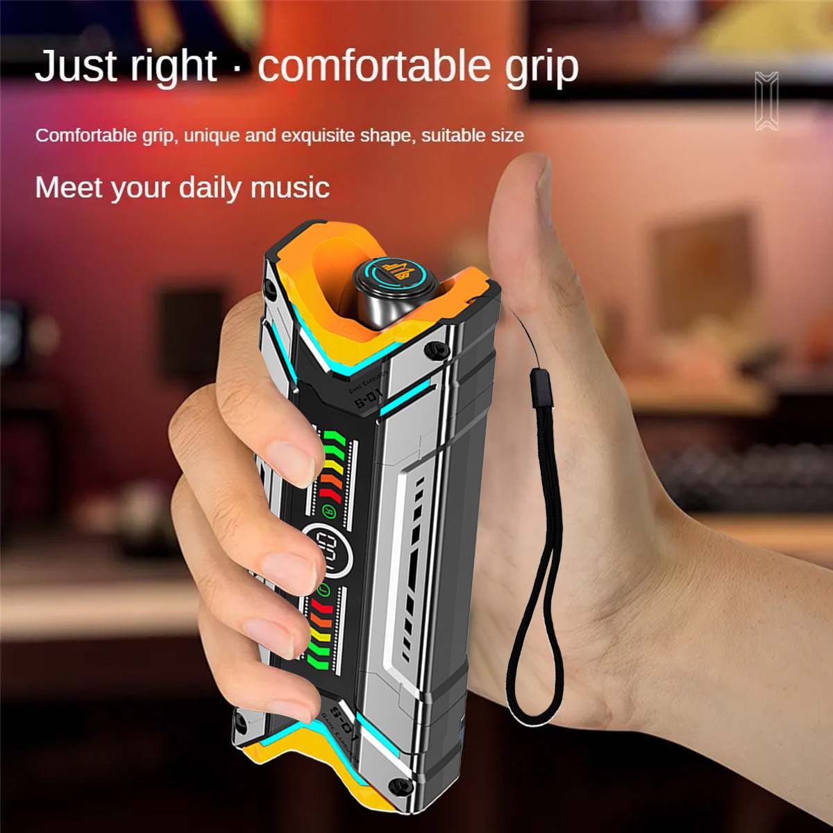 Eine Hand hält ein futuristisches Gerät mit orangefarbenen Akzenten und einem Display.