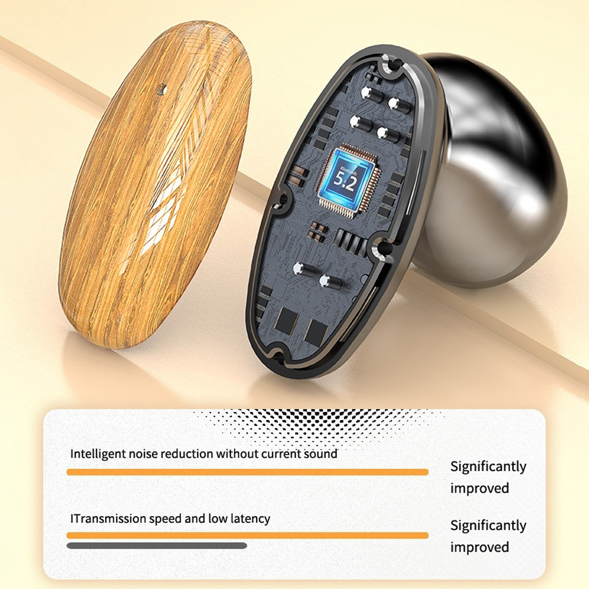 Ohrhörer, holzähnlich und schwarz, mit Chip und Text über Geräuschreduzierung und niedrige Latenz.