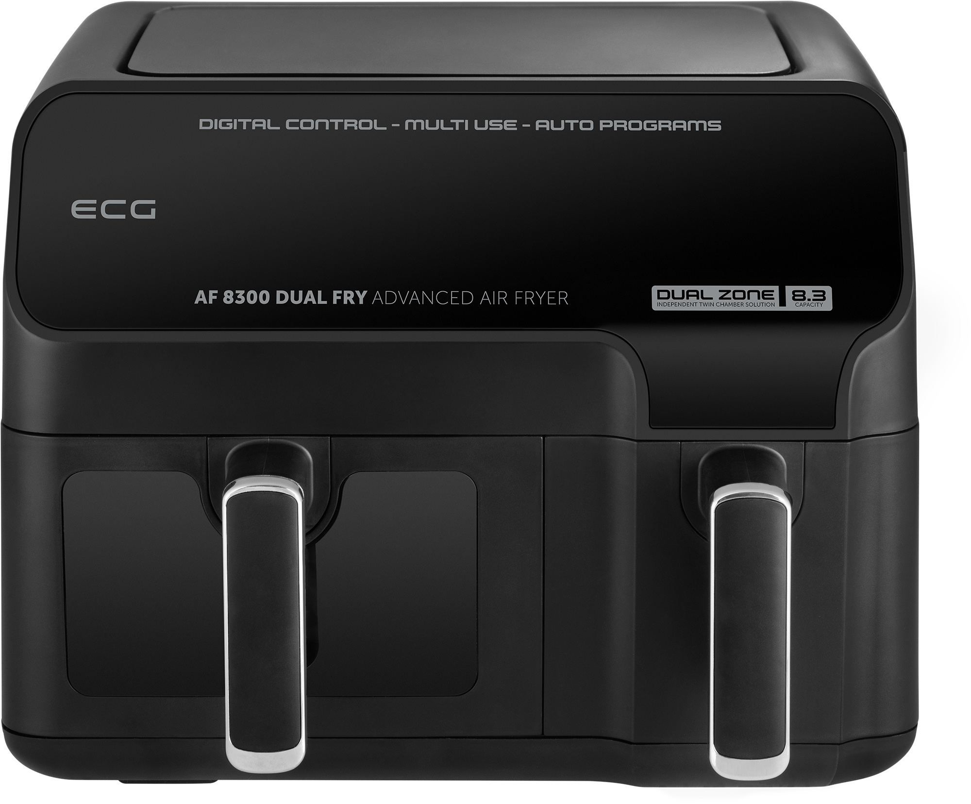 Czarna frytkownica powietrzna ECG. Ma dwa uchwyty i napis 'DUAL ZONE'.