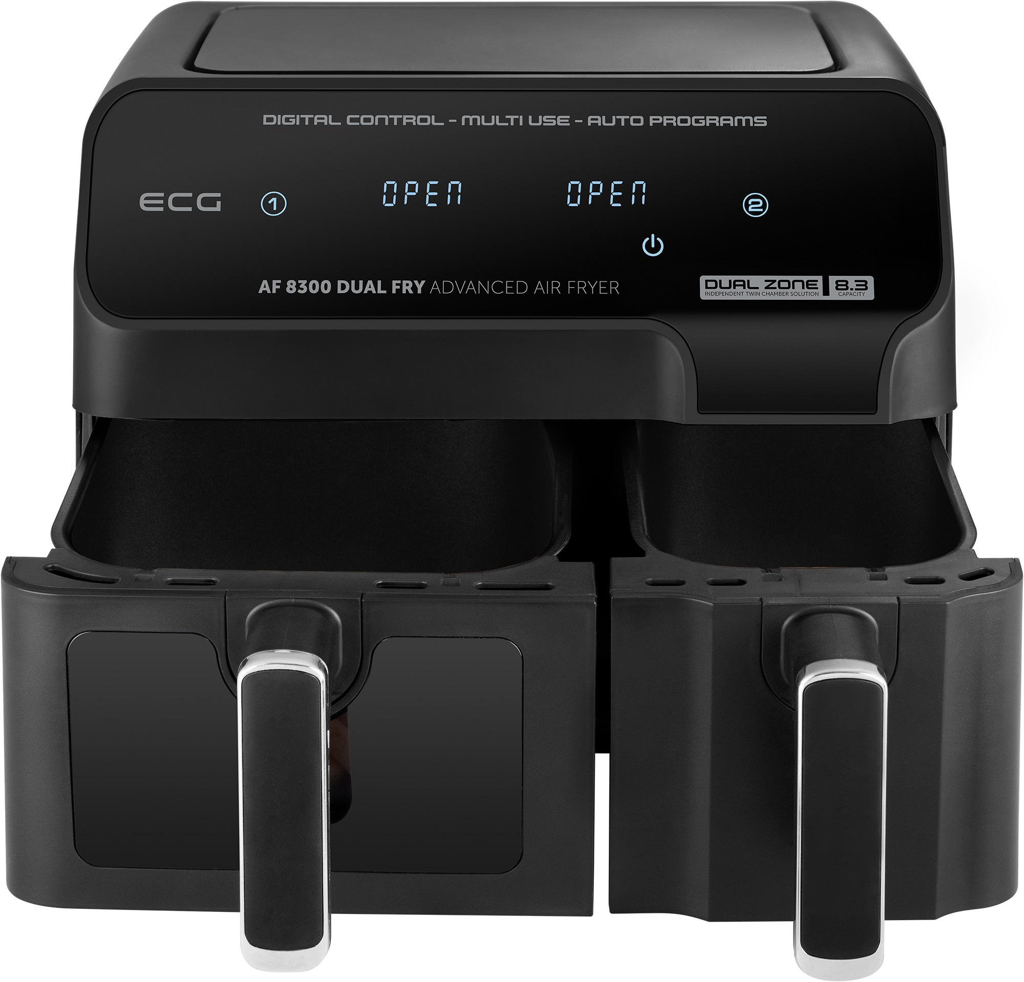 Czarna frytownica beztłuszczowa ECG z dwoma komorami i uchwytami. Posiada cyfrowy panel sterowania.