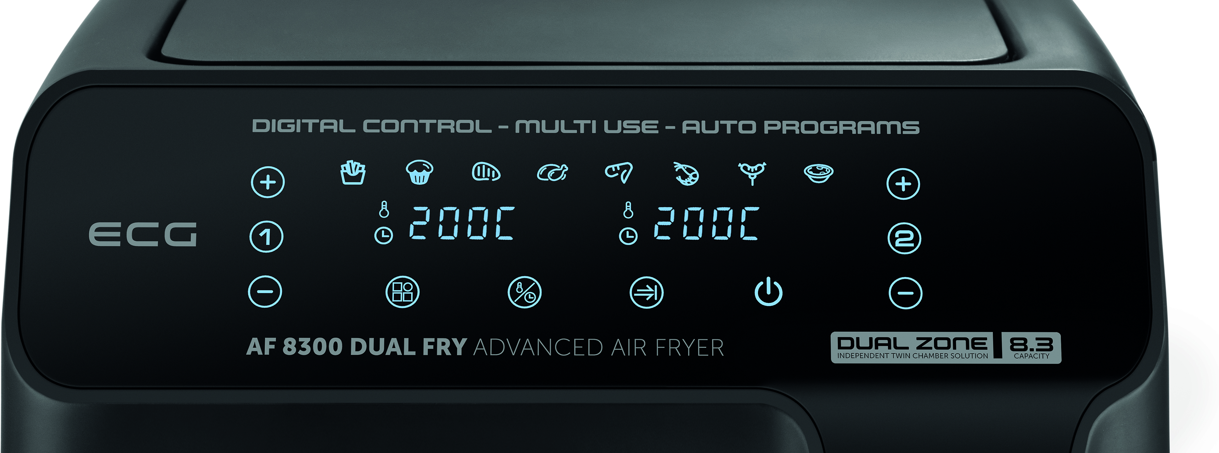 Zbliżenie panelu sterowania frytkownicy powietrznej z wyświetlaczem cyfrowym, pokazujące opcje gotowania i ustawienia.