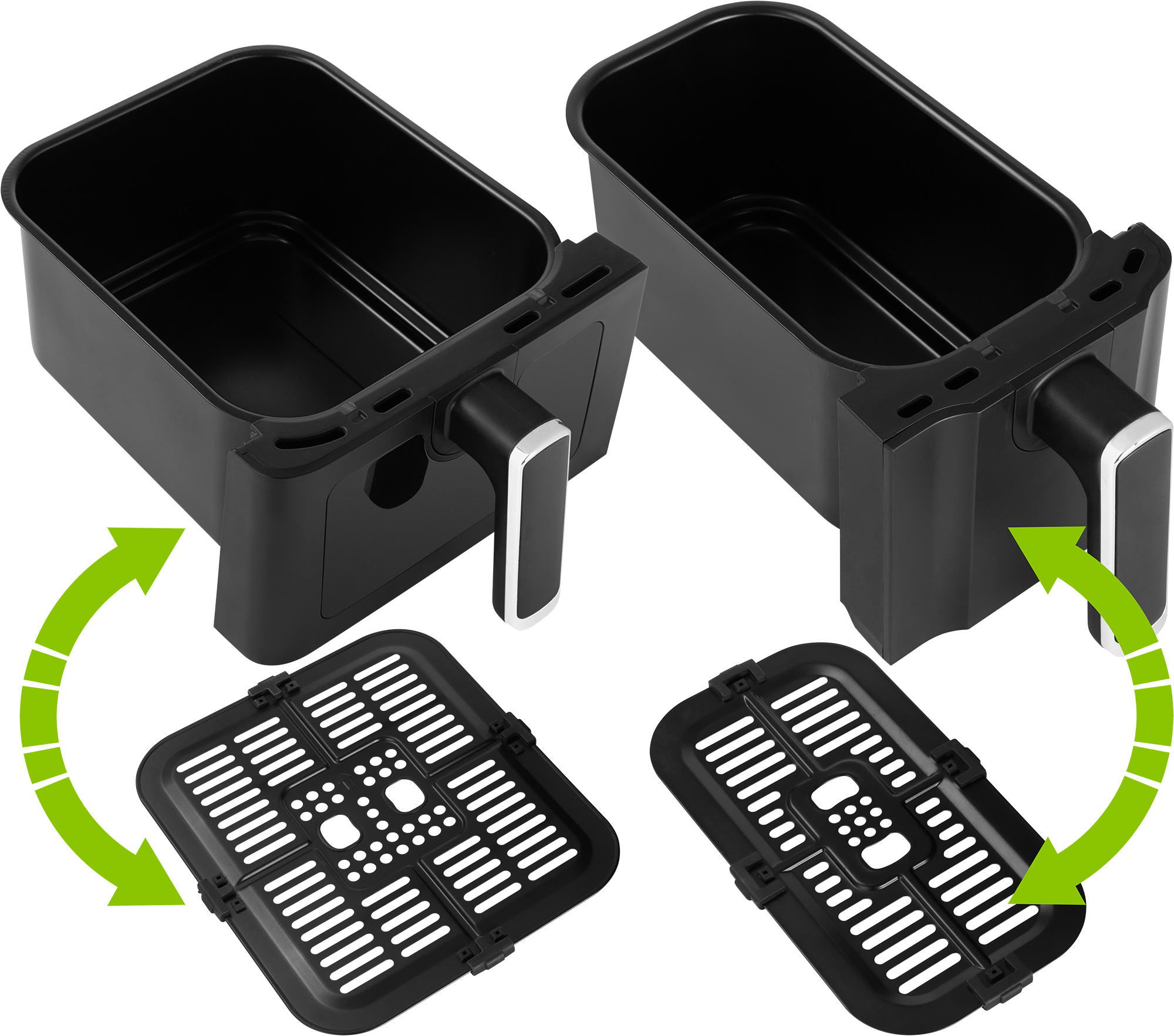 Dwa czarne kosze do frytkownicy beztłuszczowej z uchwytami i wyjmowanymi rusztami, ze strzałkami wskazującymi wyjmowanie.