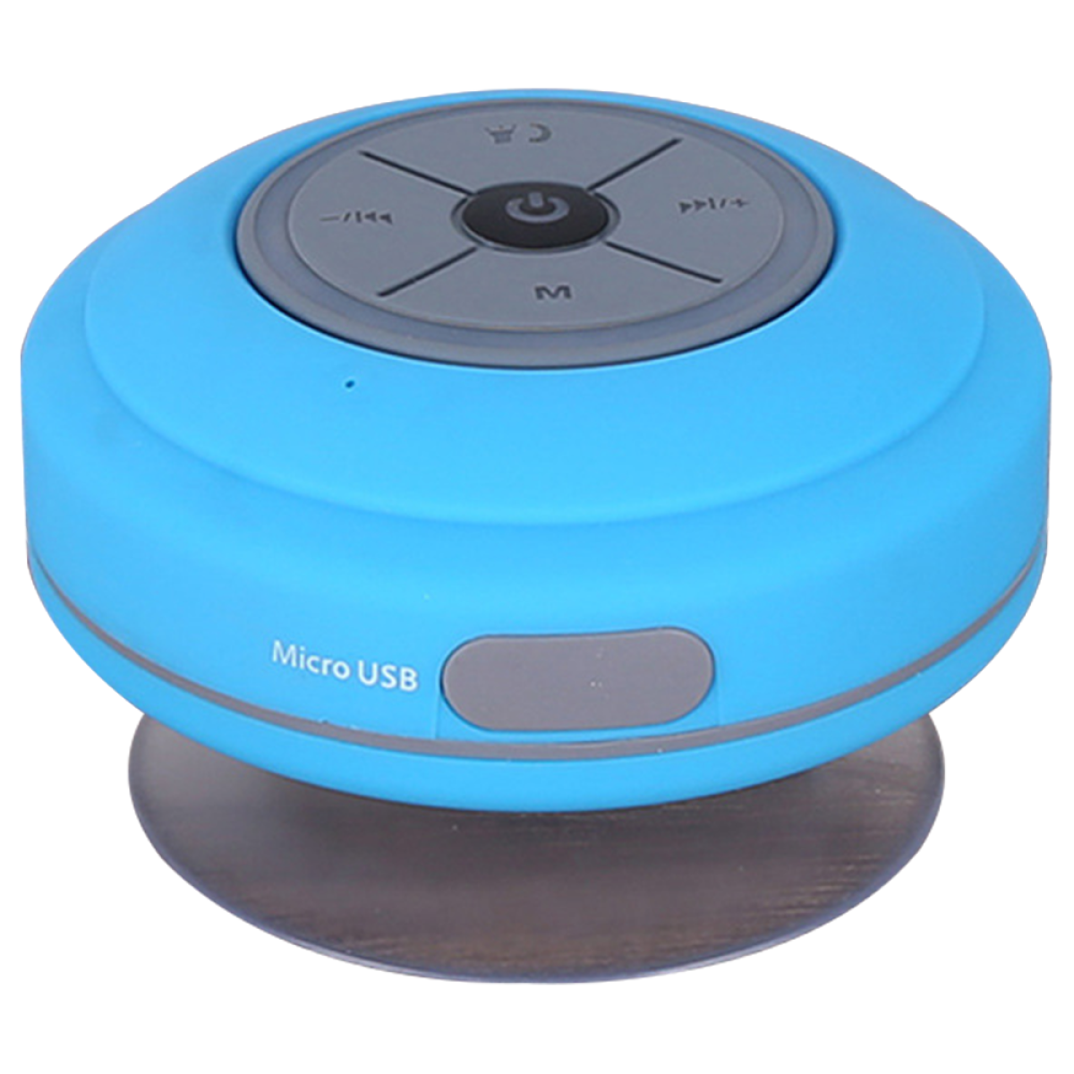 Blau, runder, wasserdichter Lautsprecher mit Bedienelementen und Saugnapf.