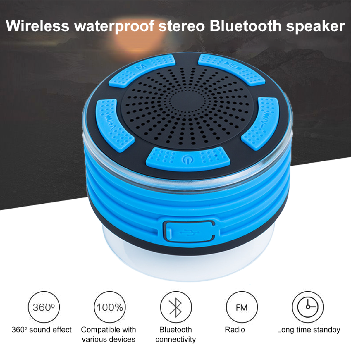 Blauer und schwarzer wasserdichter Bluetooth-Lautsprecher. Mit Bedienelementen und USB-Anschluss.